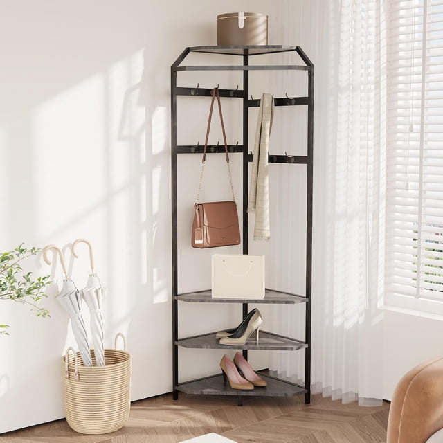 Eastvita Corner Coat Rack with Shoe Bench - Entryway Rack with 12 Double Hooks/Corner Hall Tree with Storage/Organizer Shoe Bench Shelf for Entryway/Hallway/Closet