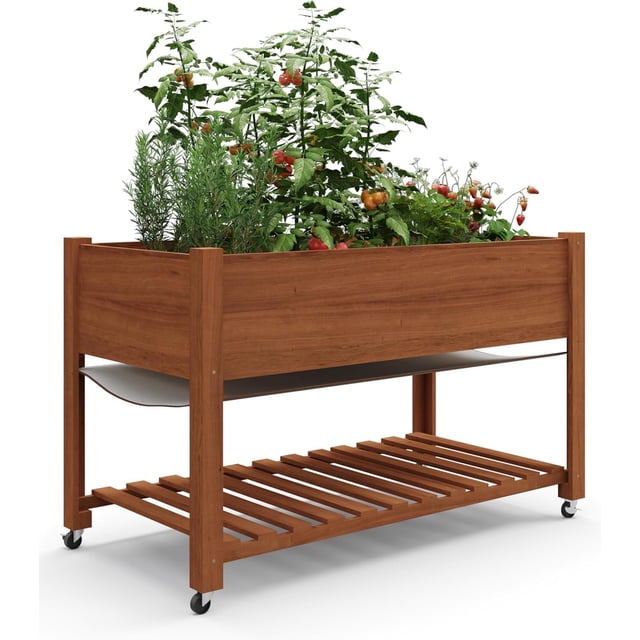 Bingirl Jardinière Surélevée avec Pattes et Roues - Bac de Plantation Extérieur 48x24x30 Pouces avec Doublure Imperméable et Tablette de Rangement - pour Patio, Terrasse, Balcon, Cour Arrière
