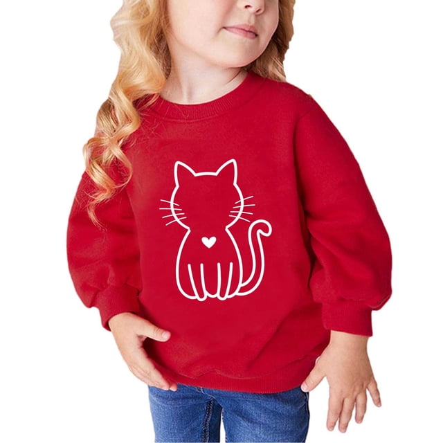 RXIRUCGD Chandails Molletonnés pour Tout-Petits et Filles, Chandail de Base en Molleton, Tunique à Capuche Imprimée Chat, Col Rond, Manches Longues, Chandails, Hauts à Enfiler, Vêtements d'Automne et d'Hiver, Chandail Rouge pour Filles Taille 3-4 Ans