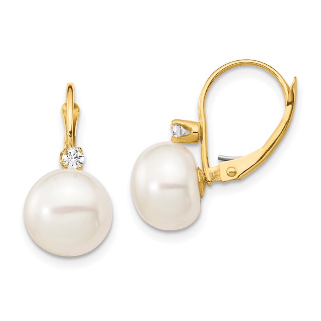 14K Yellow Gold White Button FW Cultured Pearl & Diamond Leverback Earrings