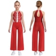 thumbnail image 1 of Oyolan One Piece Rompers Overall for Girls Rhinestones Dance Bodysuit Disco Party Wide Leg Pants Playsuit Red 8, 1 of 4