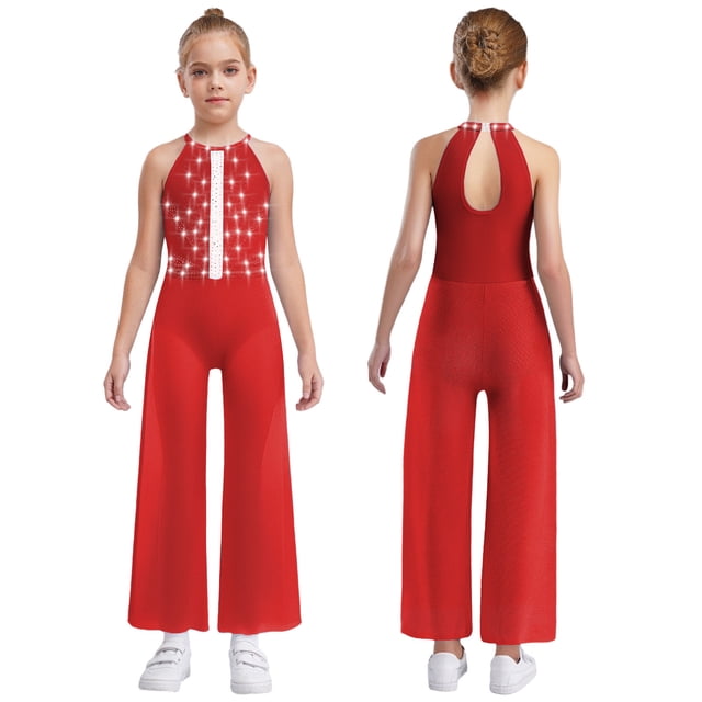 Oyolan One Piece Rompers Overall for Girls Rhinestones Dance Bodysuit Disco Party Wide Leg Pants Playsuit Red 8