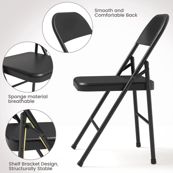 Heavy Duty Folding Chairs Set of 4 – Comfortable Seat, Robust Black Metal Frame, Stackable & Portable, 350lb Capacity, Ideal for Home, Office, Events – Black, Four-Pack