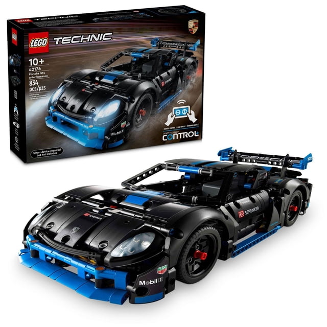 LEGO Technic Voiture de Course Porsche GT4 e-Performance, Modèle Télécommandé avec 834 Pcs, Présentant une Voiture de Course Détaillée Noire et Bleue avec Phares Fonctionnels, Portes Ouvrantes et Image de Marque Porsche Incluant Mobil 1 et Décalcomanies DB Schenker, Illustré avec l'Emballage de la Boîte.