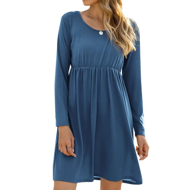 Women High Waist Long Sleeve Crew Neck Solid Color Pleated Mini Dress