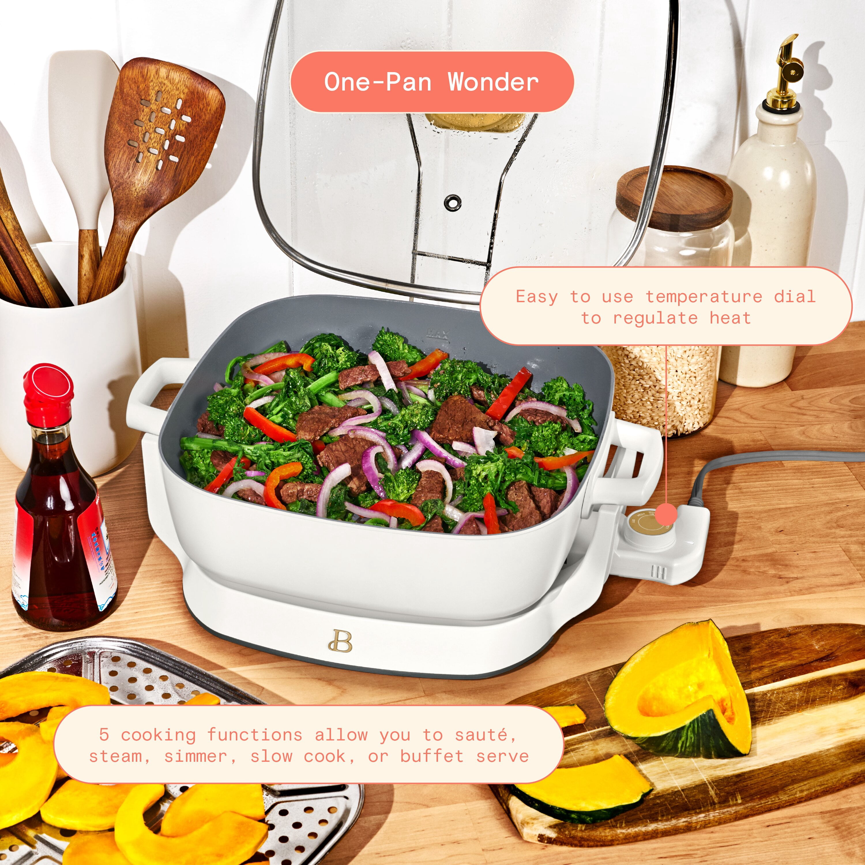 Beautiful By Drew Barrymore 5-in-1, 12" x 12" Detachable Electric Skillet with EverGood™ Ceramic Nonstick Coating