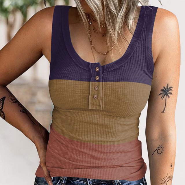 Women Ribbed Knit Sleeveless Top, Button Front Basic Camisole Scoop Neck Casual Stretchy for Daily Gradient Blue,Gradient Pink,Gradient Red,Gradient Purple,Pink Blue,Black White