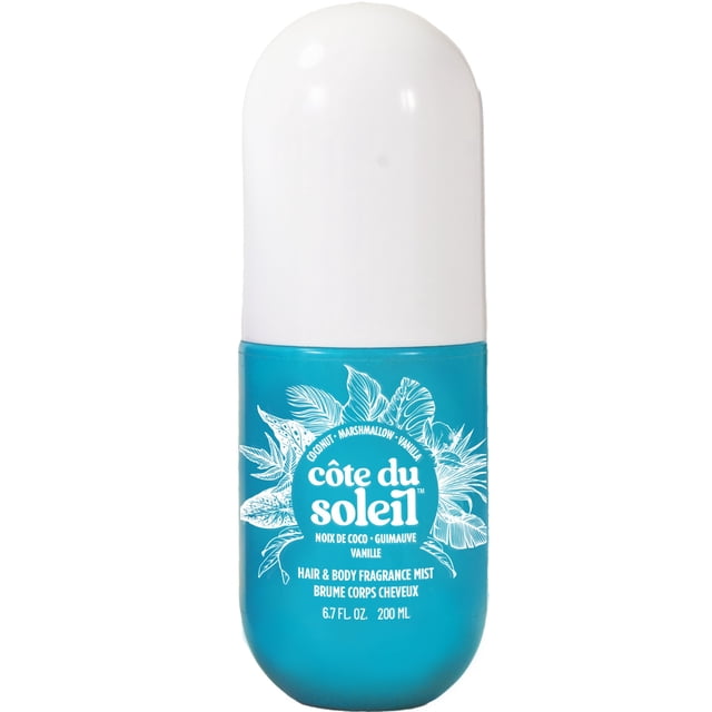 PB ParfumsBelcam Côtes du Soleil Brume pour Cheveux et Corps en Bleu Sarcelle Bouteille de 200 ml avec Bouchon Blanc, un Vaporisateur Corporel Léger et Hydratant avec des notes de Noix de Coco, Guimauve et Vanille, Idéal pour une Fraîcheur Toute la Journée sur les Cheveux et la Peau.