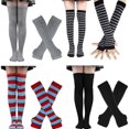 thumbnail image 3 of Womens Long Socks Striped Arm Warmer Fingerless Gloves Set For Cosplay Party, 3 of 4