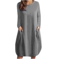 thumbnail image 2 of Robes pour Femmes Mode Décontractée Col Rond Manches Longues Coton Lin Robe Mi-Mollet Poche Robes Unies Combinaison Robe en Liquidation, 2 of 8