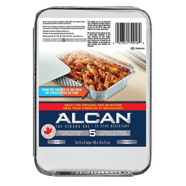ALCAN® Essentials Aluminum Bakeware Storage Containers with Board Lids, 5 Count front-facing view of five rectangular disposable aluminum pans with flat board lids and rolled rims. Dimensions 20 x 13 x 5 cm (8 x 5 x 2 in), metallic surface on white background; suitable for freezer-to-oven food storage and transport, often used for meal prep and potluck transport.