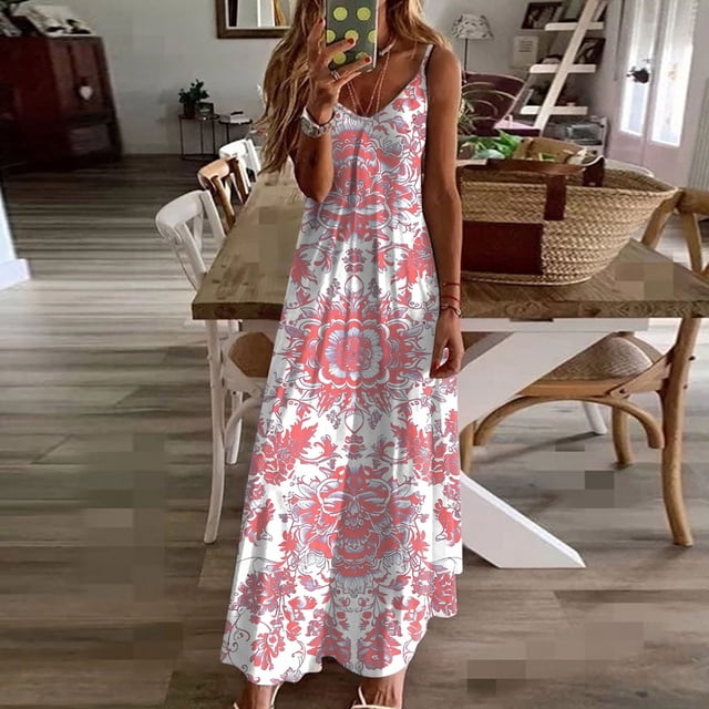 LSLJS Robes d'Été pour Femmes à Imprimé Sans Manches à Col Rond Robe Décontractée, Robe d'Été Robes de Plage d'Été