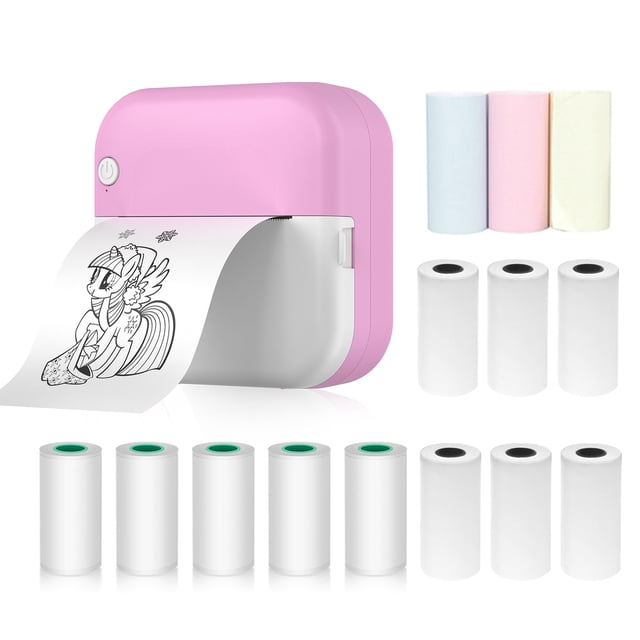 Mini Pocket Printer M3 - 57mm Thermal Printing Device with 200dpi Resolution, Includes 6 Rolls of Thermal Paper, 5 Rolls of Adhesive Paper, and 3 Rolls of Color Paper, Pink Color, Rechargeable Battery