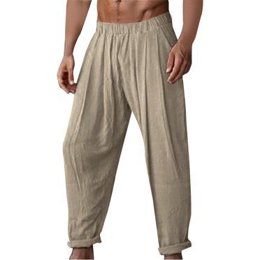 Meichang Mens Cotton Linen Pants Fashion Solid Color Elastic Waist Trousers Straight Breathable Summer Beach Pants with Pockets Khaki 3XL
