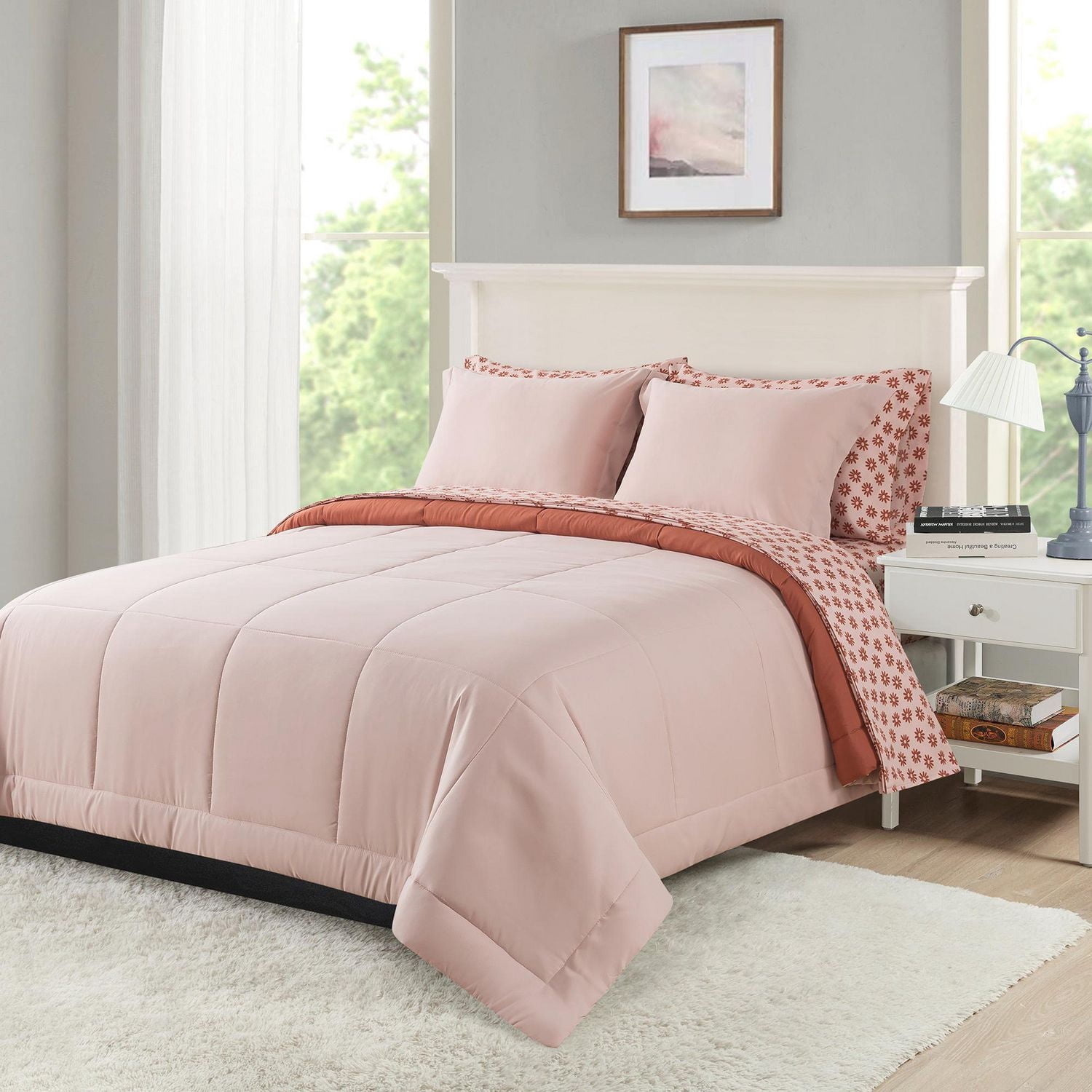 Mainstays – Ensemble de literie tout-en-un réversible avec couette et draps, 5 pièces, format simple très grand (Twin XL), rose blush