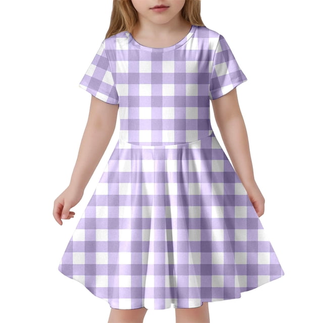 LUOGENLI Robe Mode pour Enfants à Carreaux Ajustée à Manches Courtes (6 14 Ans) Robe Maxi avec Short en Dessous Violet Pâle 8-9 Ans