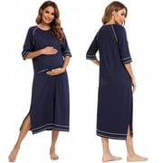 Women Zipper Robes Full Length Nightgowns Cotton Loose Housecoat Half & 3/4 Sleeve Loungewear with Pockets S-XXL,darkblue,M