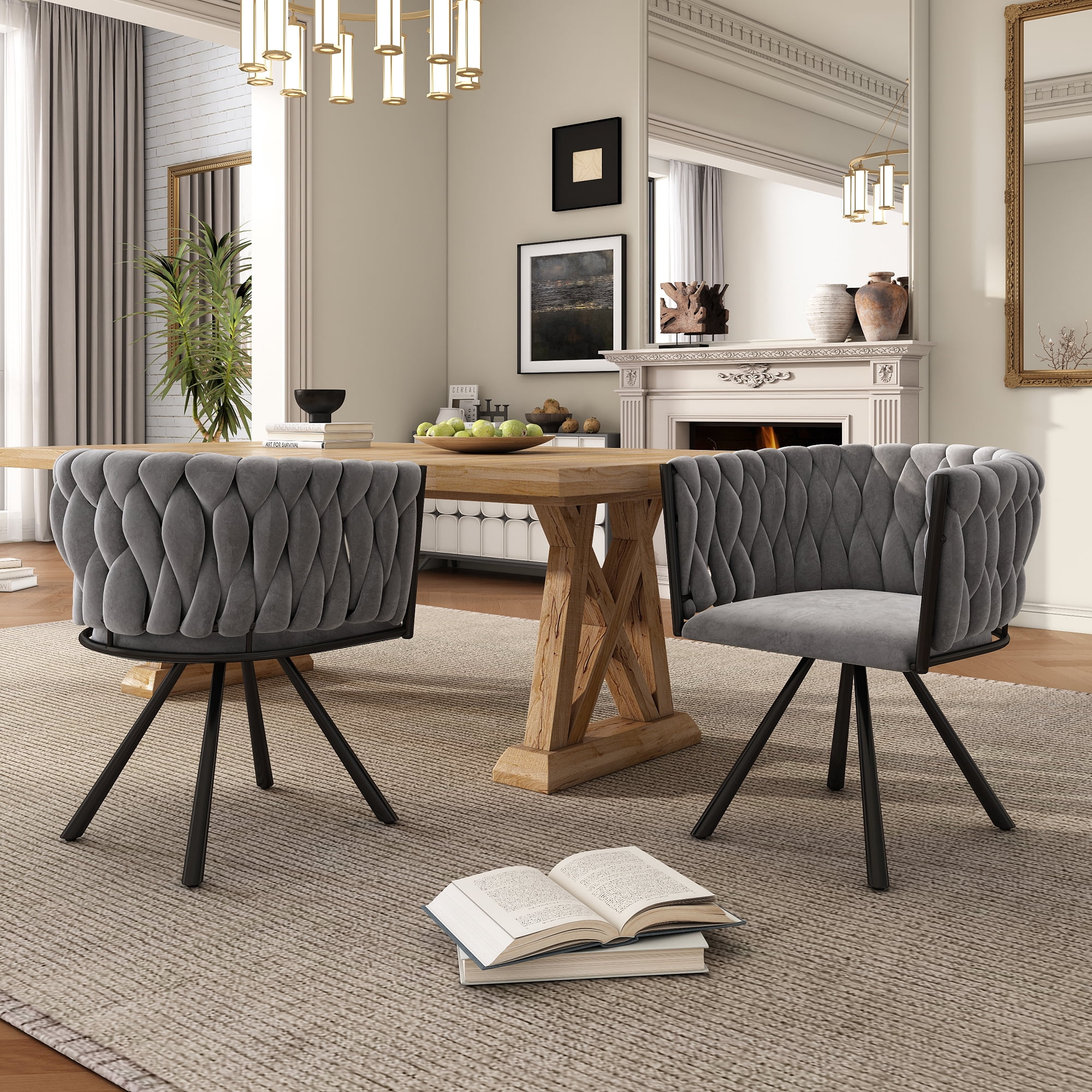 Noble House Set of 2 Velvet Dining Chairs, Luxurious Tufted Swivel Chair with Four Support Legs, Gray