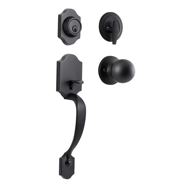 Front Door Lock Set with Handle, Traditional Keyed Handle Set in matte black finish. Includes a zinc alloy handle, round knob, single cylinder deadbolt, and installation hardware. Designed for standard doors with thicknesses of 1-3/8 to 1-3/4 inches, featuring an adjustable latch for 2-3/8 or 2-3/4 inch door preparations. Easy to install with a screwdriver, suitable for both right-handed and left-handed doors. ANSI Grade 3 certified for security and durability.
