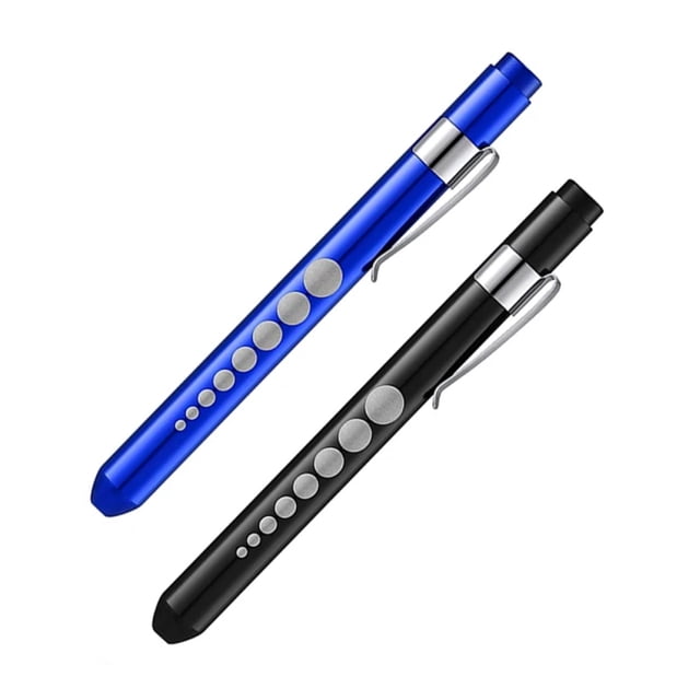 Professional Medical Penlight, Reusable LED Medical Penlight with a durable aluminum alloy body, shown in blue and black variants. Each penlight features a metal pocket clip for convenient carrying and circular markings along the body for a sleek design. Ideal for medical professionals, it is suitable for pupil assessments and wound examinations.