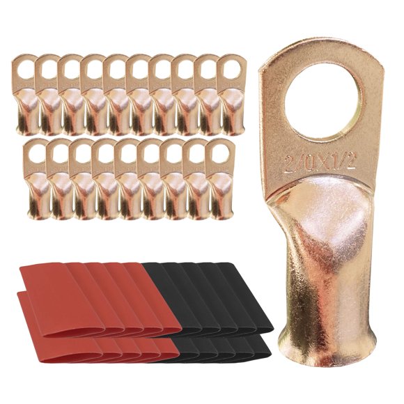 20pcs 2/0 AWG-1/2 Ring Battery Lugs, Copper Lugs, Battery Cable Ends, Tubular Ring Terminals, Crimp Wire Ring Lugs, Battery Terminal Connectors with Heat Shrink Tubing (20, 2/0 Awg - 1/2" (M12) Ring)