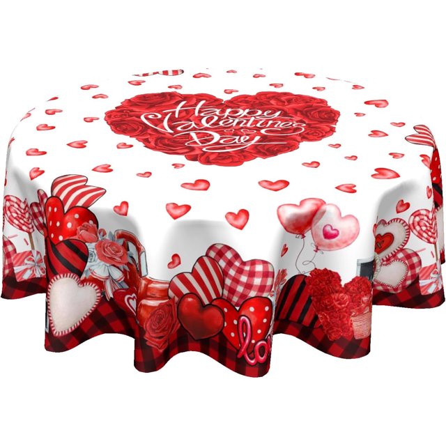 Valentines Day Tablecloth Round 60 Inch Red Heart Love Turck Table Cloths Circle Red and Back Plaid Table Cover Washable Wipeable Polyester Tabletop for Dining Kitchen Picnic Party Decor