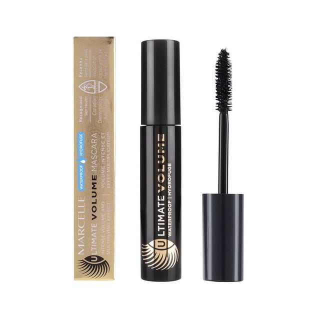 Marcelle Mascara Imperméable Volume Ultime en tube Noir avec Texte Doré et Brosse dense avec 300 Poils pour un Volume intense et un Effet Multiplicateur, Montré avec Sa Boîte Étanche Dorée Étiquetée en Anglais et en Français, Convient pour des Cils Plus Fournis et Flexibles.
