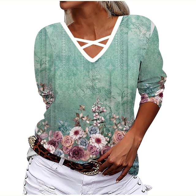 CEHVOM Chemise à Manches Longues Col en V Imprimé Floral Rétro Mode Femme Décontractée Ample Liquidation