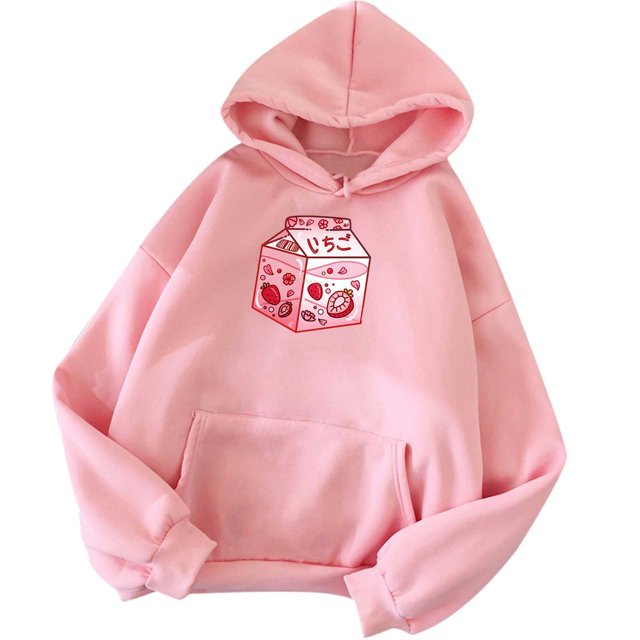 Pompotops Femmes Mignon Ample Imprimé Fraise Décontracté Manches Longues Hauts à Capuche Poches Chandails en Molleton Chandail