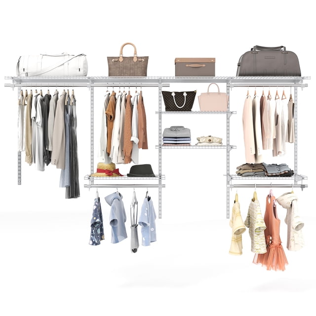 Patiojoy Système d'Organisateur de Garde-Robe en Fil Métallique Mural Trousse de Garde-Robe Personnalisée avec Tablettes de Rangement Ajustables Blanc