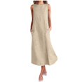 thumbnail image 2 of HKEJIAOI Robes Décontractées pour Femmes Offres Liquidation Robe d'Anniversaire Femme Décontractée à Rayures Imprimées Robe Sans Manches Col Lin Poche Longue Robe Kaki, 2 of 8