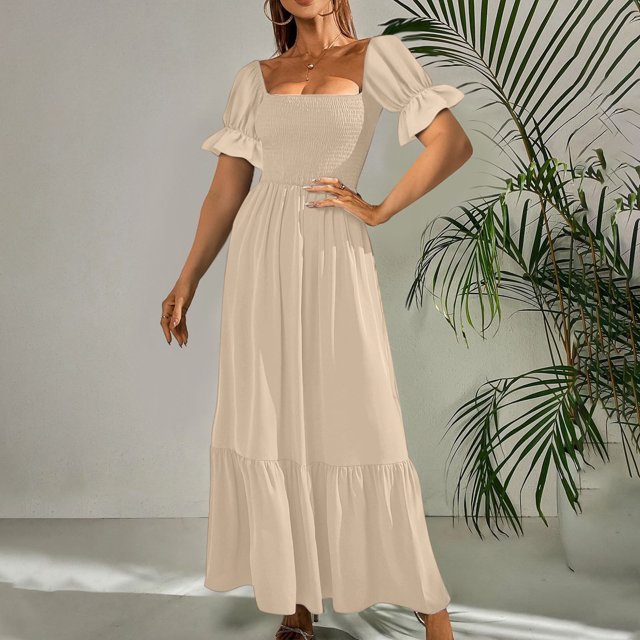 SMihono Robe Bohème d'Été pour Femmes Grande Taille Mode Décontractée d'Été Col Carré Uni Manches Courtes Femmes Robe pour Femmes Longues Robes