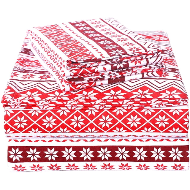Queen Bed Sheets Set 4 Pieces Flannel Sheets Set with a red and white flakes stripes design. Includes 1 fitted sheet (60 x 80 inches) with 15-inch deep pockets, 1 flat sheet (90 x 104 inches), and 2 pillowcases (20 x 30 inches). Made of 160 GSM heavyweight, 100% double brushed cotton flannel for warmth and breathability. OEKO-TEX Standard 100 certified for safety and environmental standards.