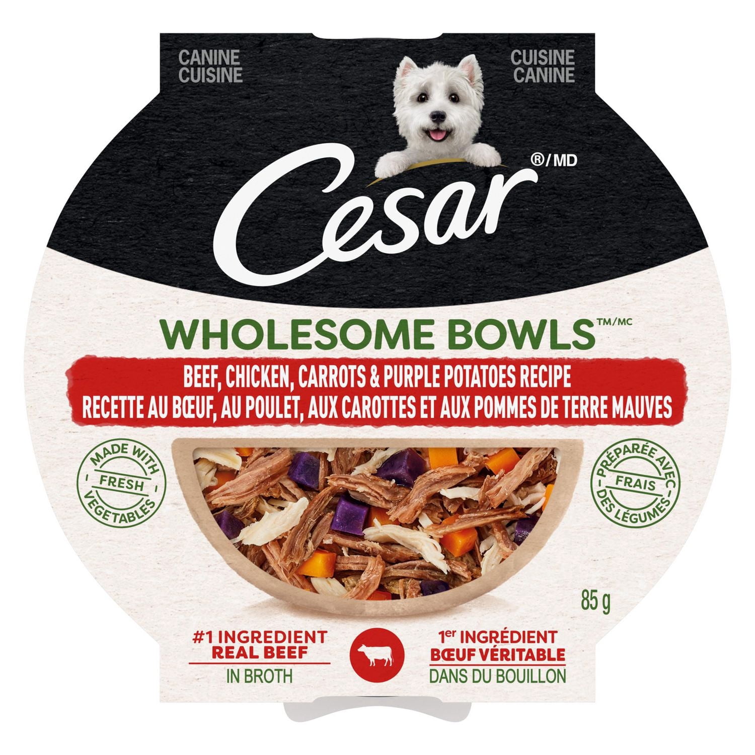 Nourriture humide pour chiens adultes Cesar Wholesome Bowls recette au bœuf, au poulet, aux carottes et aux pommes de terre mauves