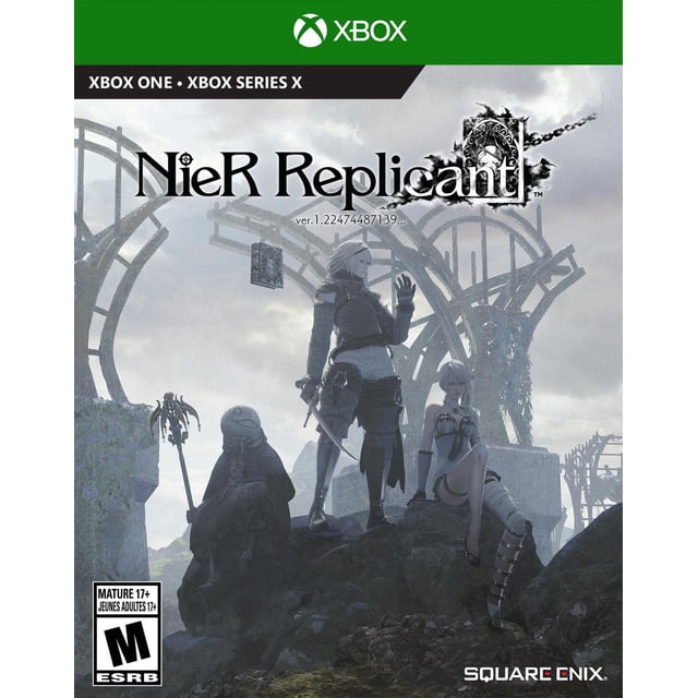 NieR Replicant ver.1.22474487139 Xbox One game cover featuring three characters on rocky terrain with large mechanical ring structures and a cloudy sky, representing a dark fantasy action RPG setting.