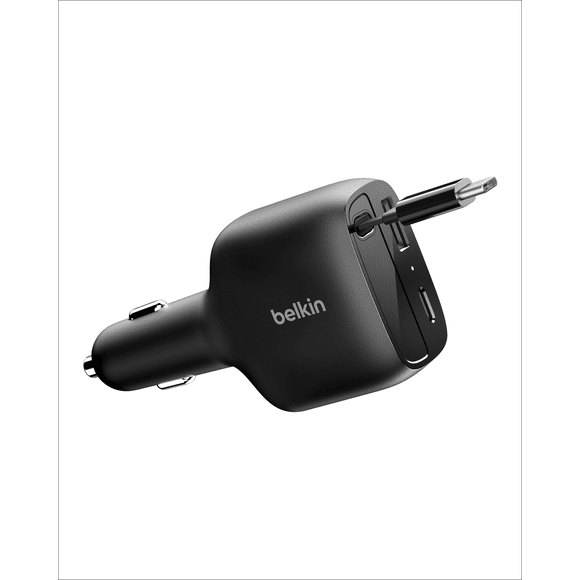 Belkin 75W USB A & USB C Ports Car Charger with retractable USB-C (75cm / 29.5") Cable Black