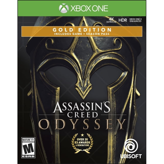Assassin's Creed Odyssey Édition Or Couverture de Jeu Xbox One avec un Gros Plan d'Un Casque Spartan Détaillé Or sur Fond Sombre, Comprend Jeu, Passe de Saison et Steelbook, Optimisé pour 4K Ultra HD et HDR, logo Ubisoft visible, Convient aux fans de JDR d'Action Historique.