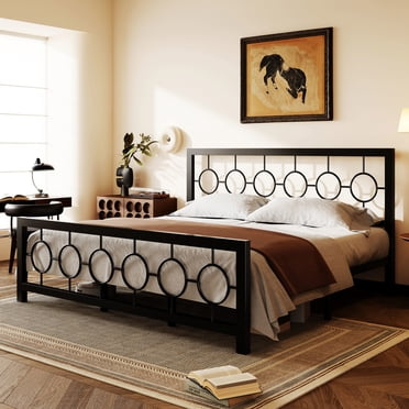 Amolife Black King Size Metal Platform Bed Frame with Circular Vintage Headboard & Footboard