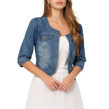 INSPIRE CHIC Veste en Denim pour Femmes Sans Col avec Poches Manches 3/4 Vestes en Jean Bleu Moyen