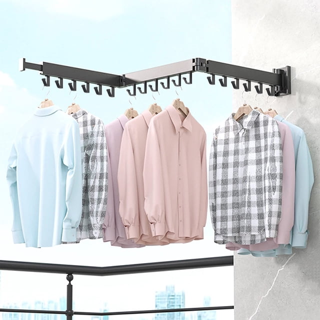 Zootealy Wall Mounted Clothes Hanger Rack, a retractable and collapsible space-saving drying rack made of space aluminum, shown installed on a balcony wall. The rack features multiple hooks for hanging clothes, with shirts displayed on hangers. It includes a 360-degree rotating design, cross-linked lock mechanism for stability, and strong load-bearing capacity, ideal for laundry, mudroom, or bedroom use.