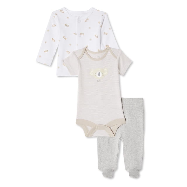 George infants' gender inclusive layette 3-piece set with a white long-sleeve snap-button shirt featuring koala and sun prints, a beige striped short-sleeve bodysuit with a koala graphic and snap-button inseam, and light grey footed pants with an elastic waistband, all made from breathable 100% cotton interlock knit for comfort and easy dressing.