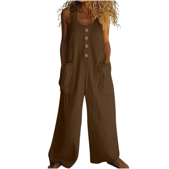 Brnmxoke Sleeveless Jumper Women Shorts,Summer Dressy Casual Lightweight Linen Jumpsuits Baggy Crewneck Button Down Loose Wide Legs Basic Overalls with Pockets Brown,L