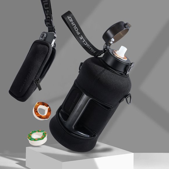 MUSCLE POUND Half Gallon Water Bottle with Flavour Pods – Stylish Sleeve, Mobile Bag, Key Chain & Shoulder Strap Included – Flavoured Water Bottle for On-the-Go Hydration(Dishwasher Safe)