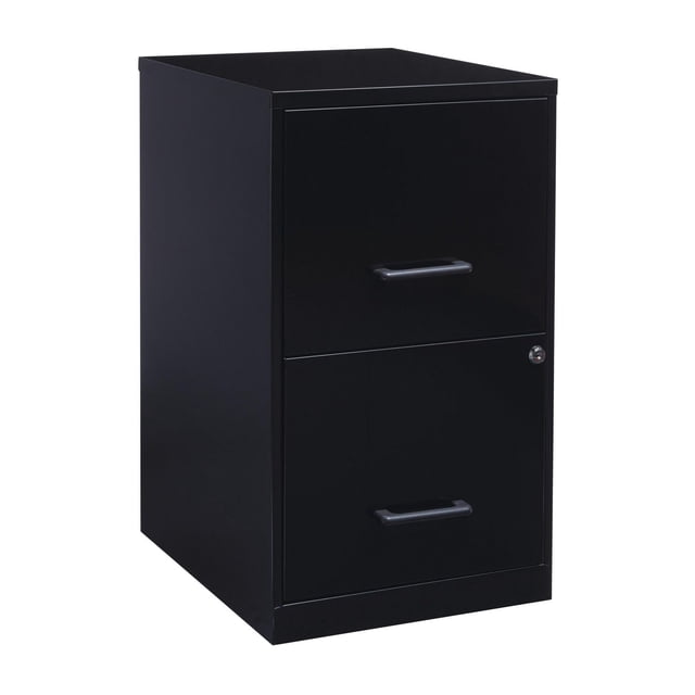 Space Solutions 18" Deep 2 Drawer Letter Width Vertical File Cabinet in black metal with two locking drawers designed for letter-size hanging files, featuring smooth glide suspension and high-side drawers, suitable for organizing office essentials in compact workspaces.