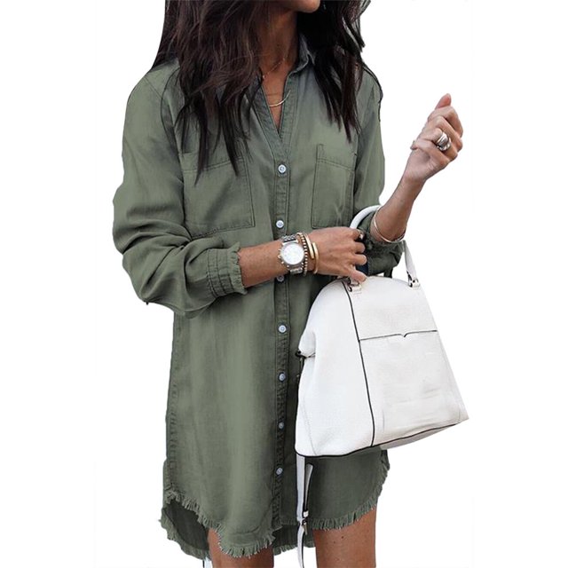 Office Lady Turn Down Collar Buttons Long Sleeve Fringe Denim Shirt Mini Dress