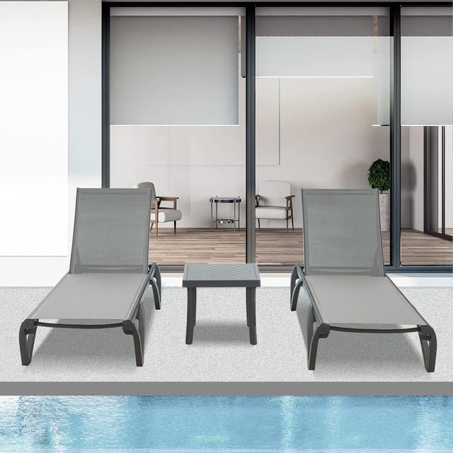 Domi Ensemble de 3 Chaises Longues en Aluminium, Fauteuils Inclinables de Piscine Réglables avec Roues et Table d'Appoint, Textilène Toutes Saisons pour Patio, Terrasse, Cour Arrière, Gris