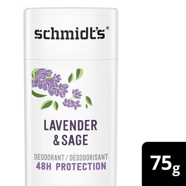 Schmidt's Lavender & Sage Natural Origin Deodorant stick in white packaging with purple lavender flowers and green leaves, offering 48-hour odour protection in a 75g aluminium-free formula for women and men.