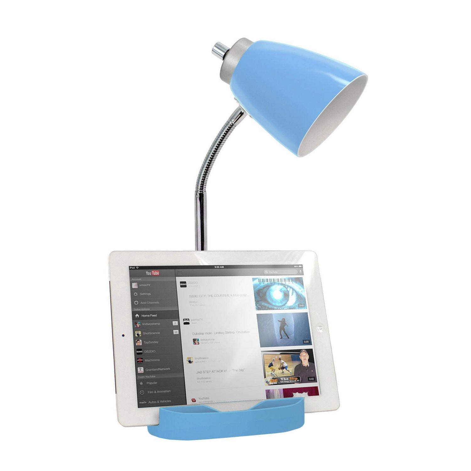 Lampe de bureau feux de la rampe  Organisateur col de cygne  avec support pour tablette d'iPad Porte-livre et port USB, Bleu