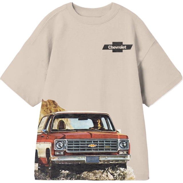 t-shirt pour Garçons Chevy beige, t-shirt à Manches Courtes pour Garçons avec un logo Chevrolet Noir sur la Poitrine et un Graphique d'Un Camion Chevrolet 350 vintage Rouge et Blanc Qui Traverse l'Eau à l'Avant, Convient aux Tenues Décontractées.