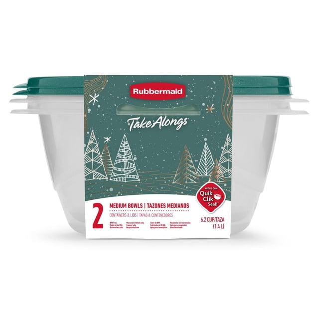 Rubbermaid TakeAlongs Food Storage Containers, 6.2-Cup Medium Bowl, Holiday Blue Spruce, 2-Pack with two clear plastic medium bowls and festive blue spruce lids, featuring Quik Clik Seal lids for secure stacking and freshness, microwave-safe bases, and dishwasher-safe lids, suitable for kitchen organization and meal prep containers.